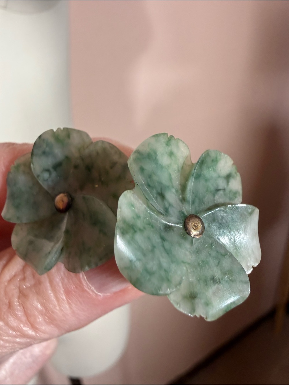 Vintage Carved Green Jade Oversized Flower Screw Back earrings